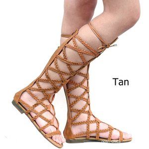 New Women Tan Lace Up Knee High Tall Gladiator Flat Sandals